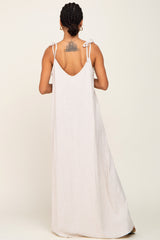 Beige Linen V-Neck Tie Strap Maxi Dress