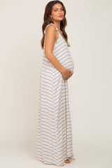 Ivory Striped Tie Strap Maternity Maxi Dress