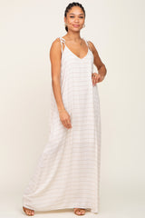 Beige Striped Tie Strap Maternity Maxi Dress