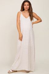 Beige Striped Tie Strap Maternity Maxi Dress