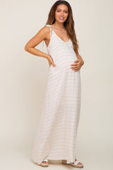 Beige Striped Tie Strap Maternity Maxi Dress