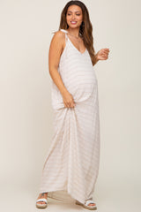 Beige Striped Tie Strap Maternity Maxi Dress