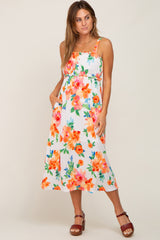 Ivory Floral Square Neck Ruffle Midi Dress