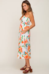 Ivory Floral Square Neck Ruffle Midi Dress