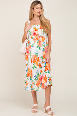 Ivory Floral Square Neck Ruffle Maternity Midi Dress