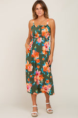 Olive Floral Square Neck Ruffle Midi Dress