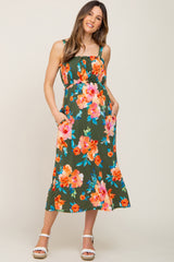 Olive Floral Square Neck Ruffle Maternity Midi Dress