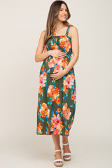 Olive Floral Square Neck Ruffle Maternity Midi Dress