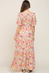 Ivory Floral Smocked Ruffle Tier Maternity Maxi Dress