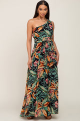 Black Tropical Chiffon One Shoulder Dress