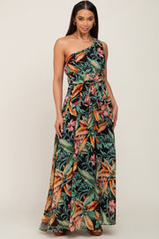 Black Tropical Chiffon One Shoulder Dress