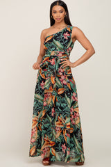 Black Tropical Chiffon One Shoulder Dress