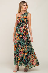 Black Tropical Chiffon One Shoulder Maternity Dress