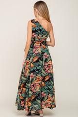 Black Tropical Chiffon One Shoulder Maternity Dress