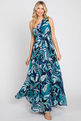 Navy Blue Leaf Print Chiffon One Shoulder A-Line Waist Tie Maxi Dress