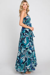 Navy Blue Leaf Print Chiffon One Shoulder A-Line Waist Tie Maxi Dress