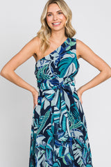 Navy Blue Leaf Print Chiffon One Shoulder A-Line Waist Tie Maxi Dress