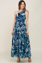 Navy Blue Leaf Print Chiffon One Shoulder A-Line Waist Tie Maternity Maxi Dress