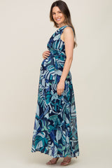 Navy Blue Leaf Print Chiffon One Shoulder A-Line Waist Tie Maternity Maxi Dress