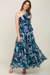 Navy Blue Leaf Print Chiffon One Shoulder A-Line Waist Tie Maternity Maxi Dress