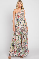 Taupe Leaf Print Chiffon One Shoulder A-Line Waist Tie Maxi Dress