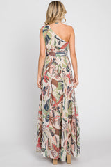 Taupe Leaf Print Chiffon One Shoulder A-Line Waist Tie Maxi Dress