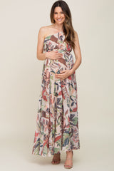 Taupe Leaf Print Chiffon One Shoulder A-Line Waist Tie Maternity Maxi Dress