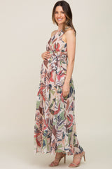 Taupe Leaf Print Chiffon One Shoulder A-Line Waist Tie Maternity Maxi Dress