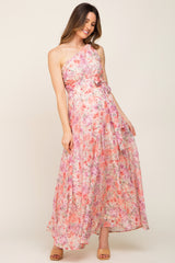 Pink Floral Chiffon One Shoulder Maternity Maxi Dress