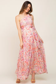 Pink Floral Chiffon One Shoulder Maternity Maxi Dress