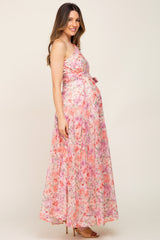 Pink Floral Chiffon One Shoulder Maternity Maxi Dress