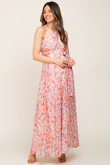 Pink Floral Chiffon One Shoulder Maternity Maxi Dress