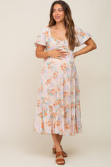 Cream Floral Puff Sleeve Tiered Maternity Midi Dress