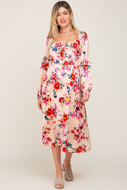 Peach Floral Front Tie Maternity Midi Dress