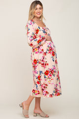 Peach Floral Front Tie Maternity Midi Dress