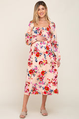 Peach Floral Front Tie Maternity Midi Dress