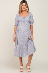 Periwinkle Floral Square Neck Front Tie Maternity Midi Dress