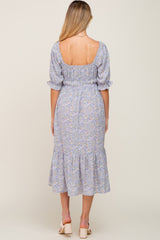 Periwinkle Floral Square Neck Front Tie Maternity Midi Dress