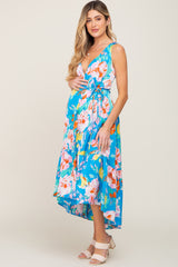 Blue Floral Satin Wrap Front Lace-Up Back Maternity Midi Dress