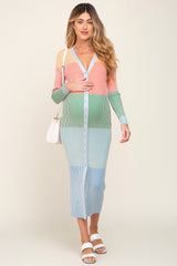 Multi-Color Ribbed Button Front Fitted Maternity Midi Dress