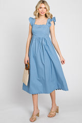 Blue Scallop Flutter Sleeve Midi Dress