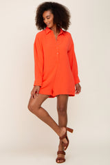 Coral Long Sleeve Button Down Maternity Romper