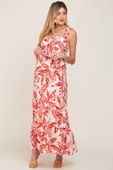 Red Leaf Printed Smocked Ruffle Maternity Maxi Dress