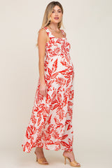 Red Leaf Printed Smocked Ruffle Maternity Maxi Dress