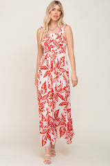 Red Leaf Printed Smocked Ruffle Maternity Maxi Dress