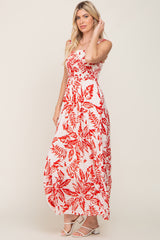 Red Leaf Printed Smocked Ruffle Maxi Dress