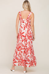 Red Leaf Printed Smocked Ruffle Maxi Dress