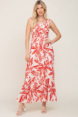 Red Leaf Printed Smocked Ruffle Maxi Dress