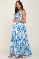 Blue Leaf Printed Smocked Ruffle Maternity Maxi Dress