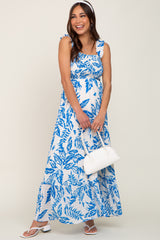 Blue Leaf Printed Smocked Ruffle Maternity Maxi Dress